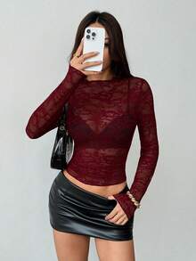 EgrlEra Women's Lace Elastic Peony Floral Sheer Sexy Top (Random Cut) - Maroon - View 6