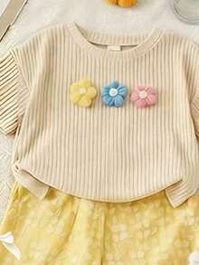 Conjunto de camiseta corta básica y pantalones cortos de ciclista para niña pequeña, estilo creativo y fresco, colores claros, a rayas y con estampado floral, primavera/verano/otoño (5 sets aleatorios, se envía 1 set) - Multicolor - Ver 3