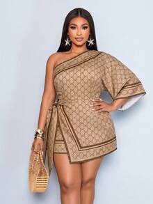 SOLERSUN "Ladies' Plus Size Casual Elegant Asymmetrical Neckline Half Sleeve Bowknot Printed Bat Sleeve Mini Dress, With A Light Luxury Retro Style, Suitable For Daily Commuting, Outings, Quiet Luxury Vacations, Holiday Costumes, Dates And Other Scenes " - Khaki - View 3