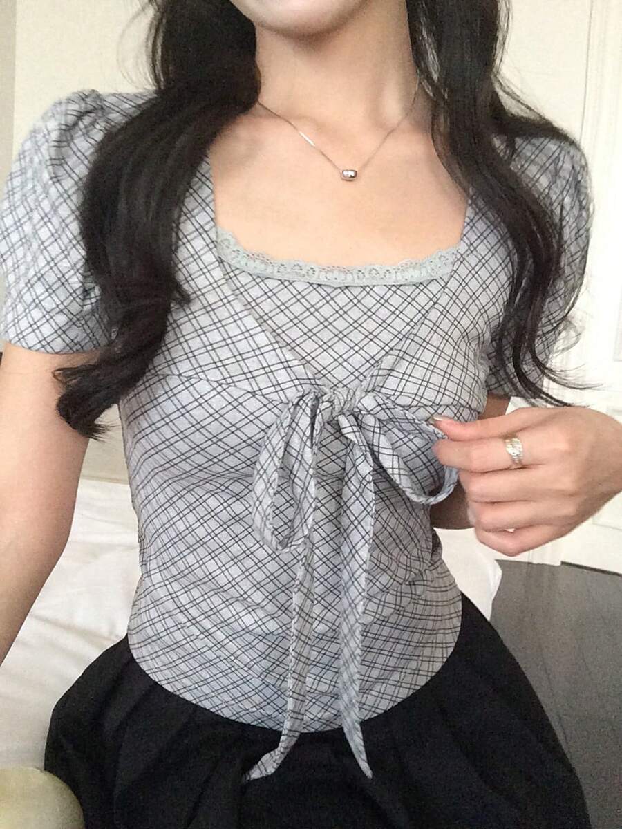 DAZY Women's Plaid Korean Style Lace-Up Short Sleeve T-Shirt - Grey - View 1