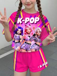 Kids Young Girl Casual Minimalist Girl Group Graphic Print Colorful Short Sleeve T-Shirt And Shorts 2-Piece Set, Suitable For Summer - Multicolor - View 2
