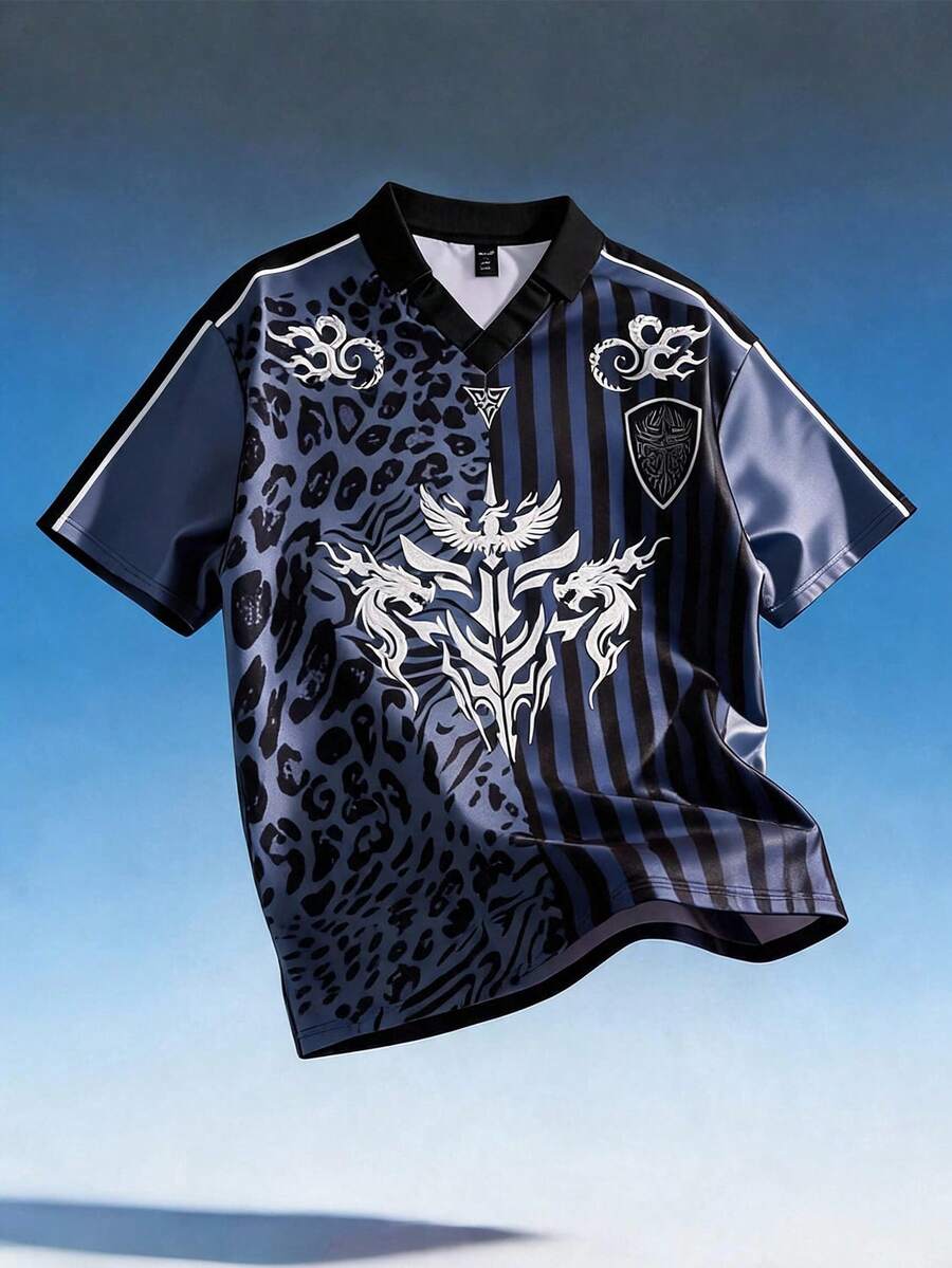 ROMWE MEN Street Life 男士休闲撞色条纹豹纹短袖Polo衫,夏季 - 彩色 - 查看 1