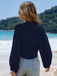 Swim Vcay Kimono Pendek Lengan Panjang Warna Polos untuk Wanita, Cocok untuk Liburan - Navy Blue - View 2