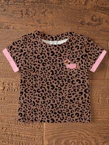 Girls' Leopard Print 2-Piece Set, Brown & Black Leopard With Pink Contrast Print Trim, Dachshund Print On Chest And Pants, Sweet & Cool Playful Style. Soft & Breathable Fabric, Suitable For Daily School, Outings, Parties, Top & Shorts Can Be Separated And Mixed & Matched For Easy Outfit Changes. - Multicolor - View 4