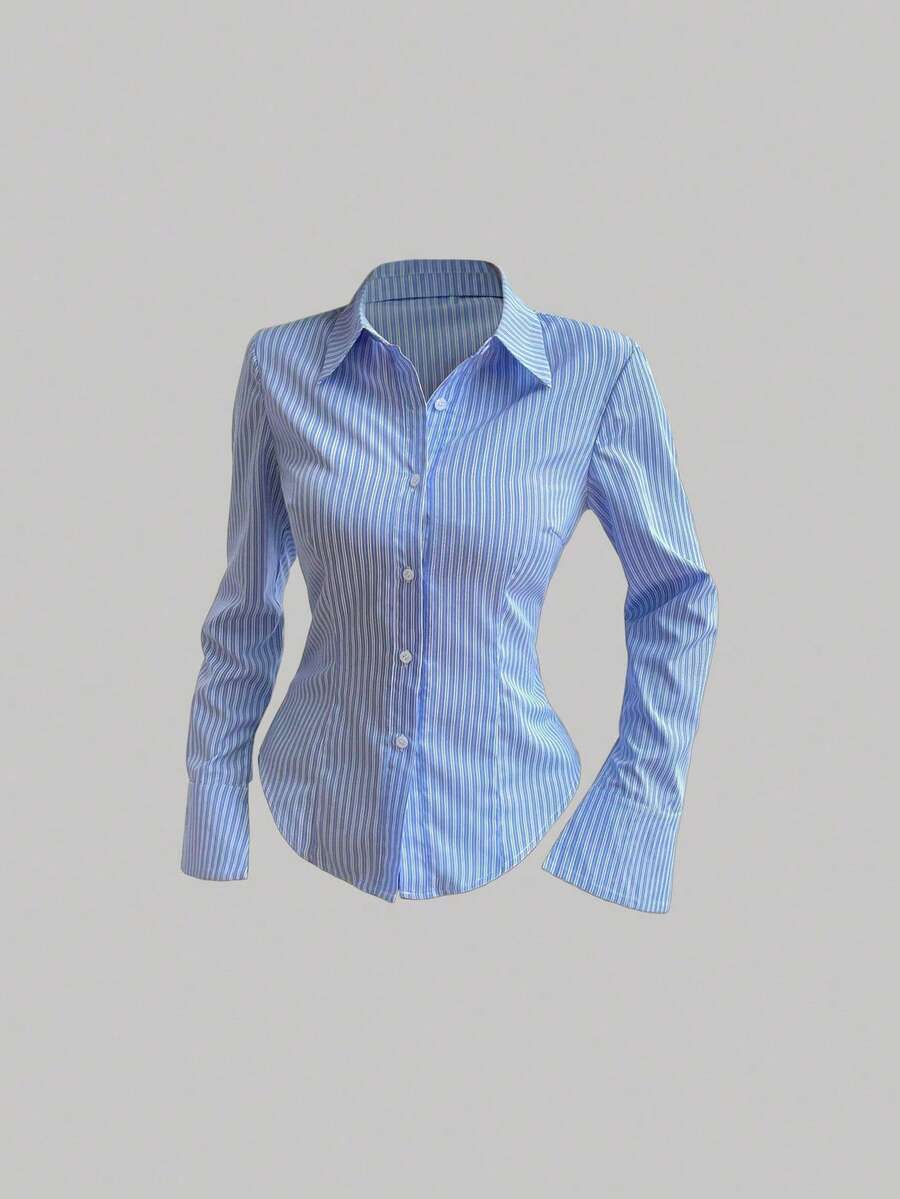 Sweetra Camisa de manga larga con botones, de corte ajustado y estampado de rayas de un solo color - Azul - Ver 1