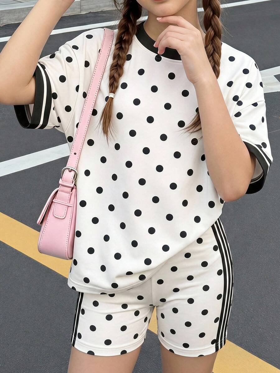 青少年女孩休閒極簡運動風黑白波點條紋印花新款修身T恤上衣兩件套,適合日常穿著與上學 - 彩色 - 查看 1