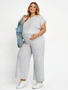 Plussiva Plus Size Maternity Textured Minimalist Top And Adjustable Waist Casual Loose Pants 2 Pieces Set - Grey - View 6