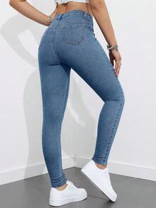 SHEIN EZwear 大尺碼女款街頭休閒彈性舒適深藍色牛仔緊身牛仔褲 - 淺色水洗藍 - 查看 2