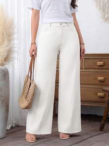 EMERY ROSE Plus Size Women's Loose Casual Denim Wide Leg Pants With Pockets - White - View 6