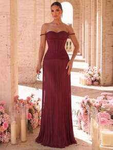 Glamrae Elegant Burgundy High-Stretch Mesh Cold Shoulder Rope Trim Asymmetric 2 In 1 Tassel Detail Bodycon Dress Formal Party Prom Women's Winter Wedding - Burgundy - View 6