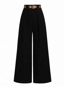 SHEIN Tall CURVE 大码TALL系列女式简约百褶直筒裤，工作服 - 黑色 - 查看 3