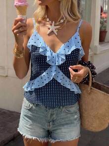 Serisse Women's Summer Navy Blue Polka Dot Ruffle V-Neck Casual Cute French Tropical Versatile Daily Vacation Outing Camisole Top For Date Night Tea Party - Multicolor - View 3