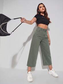 Pantalones cortos de mezclilla versátiles con bolsillos y botones para mujer - Verde - Ver 4