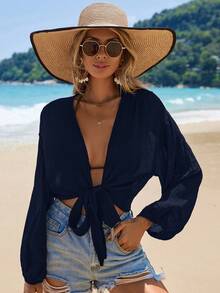 Swim Vcay Kimono Pendek Lengan Panjang Warna Polos untuk Wanita, Cocok untuk Liburan - Navy Blue - View 7