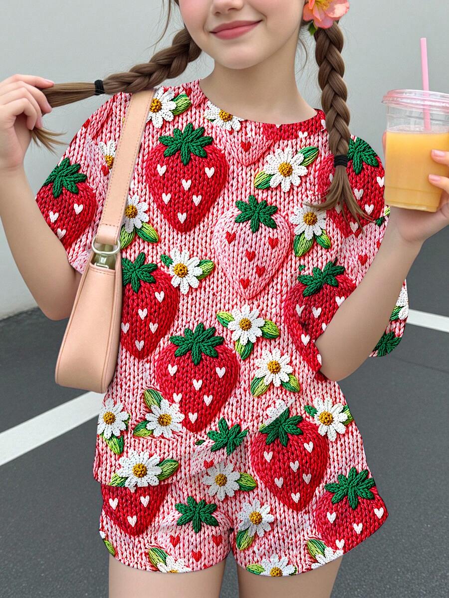 少女休閒可愛 Textuhot 粉色草莓印花復古風花卉田園風圓領短袖T恤寬鬆短褲兩件套 - 彩色 - 查看 1