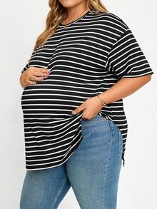 Plussiva Plus Size Maternity Round Neck White Casual Versatile Daily Wear Top Summer - Black and White - View 3