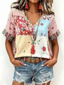 SHEIN 女款度假休閒拼色花卉印花上衣 - 彩色 - 查看 1