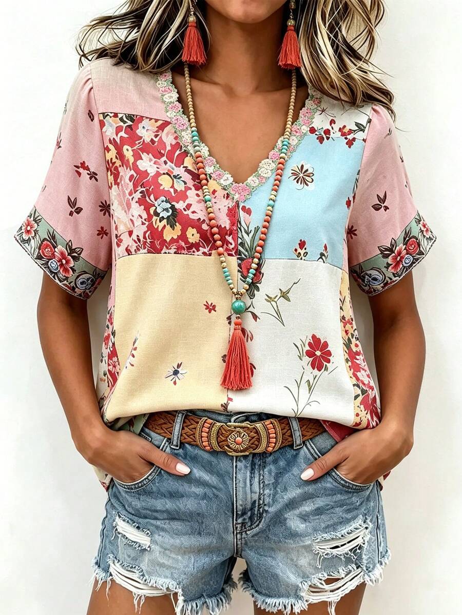 SHEIN 女款度假休閒拼色花卉印花上衣 - 彩色 - 查看 1
