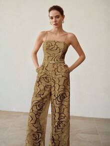 MOTF PREMIUM SUMMER ARTISTIC ROSE TEXTURE CAMISOLE JUMPSUIT, ELEGANT WAIST-CINCHING SLIMMING HIGH-END DESIGN FOR WOMEN - Khaki - View 4