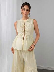 SHEIN Umstands-Set 2-teilig Einfarbig, ärmelloses Bindetop und Hose zum Stillen - Beige - Übersicht 3