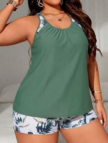 Swim Vcay Conjunto de traje de baño de dos piezas con top tankini de bloques de color y volantes & shorts para mujer talla grande, adecuado para vacaciones de verano en la playa - Multicolor - Ver 6