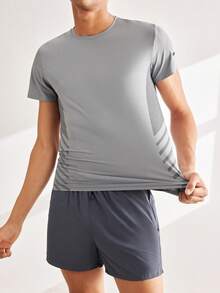 Driftmere Boyfriend Style Men's Ice-Cooling Elastic Short Sleeve & Quick-Dry Sports Shorts Set, Summer Boyfriend Style Men Two Pieces Outfits Gym Workout Running - Grey - View 4