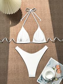 Swim Basics Women's Solid Color Halter Neck Tie Sexy Bikini Set For Summer Beach - White - View 3