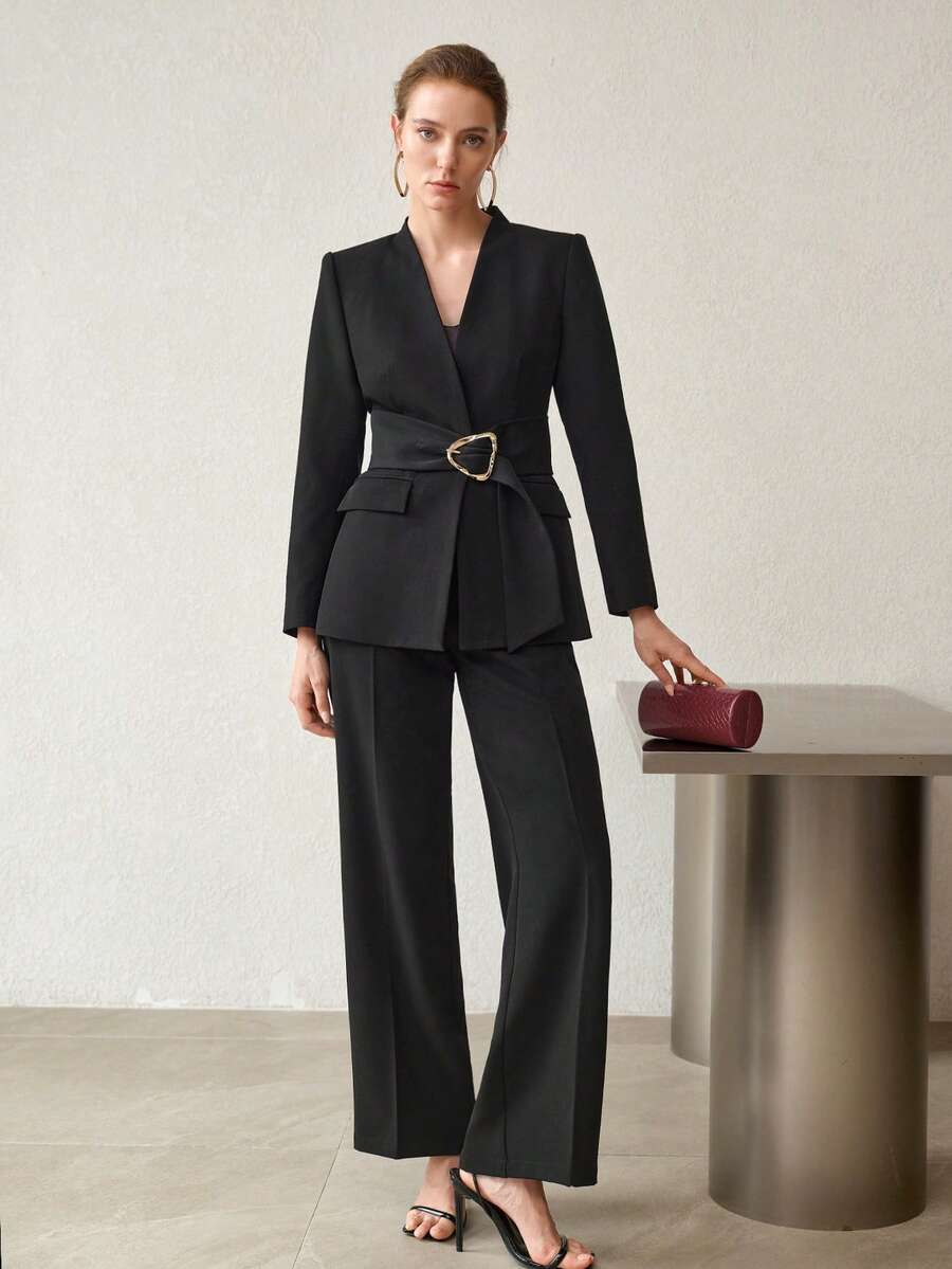 MOTF PREMIUM WOMEN'S SOLID COLOR METAL DECOR COMMUTER BLAZER
