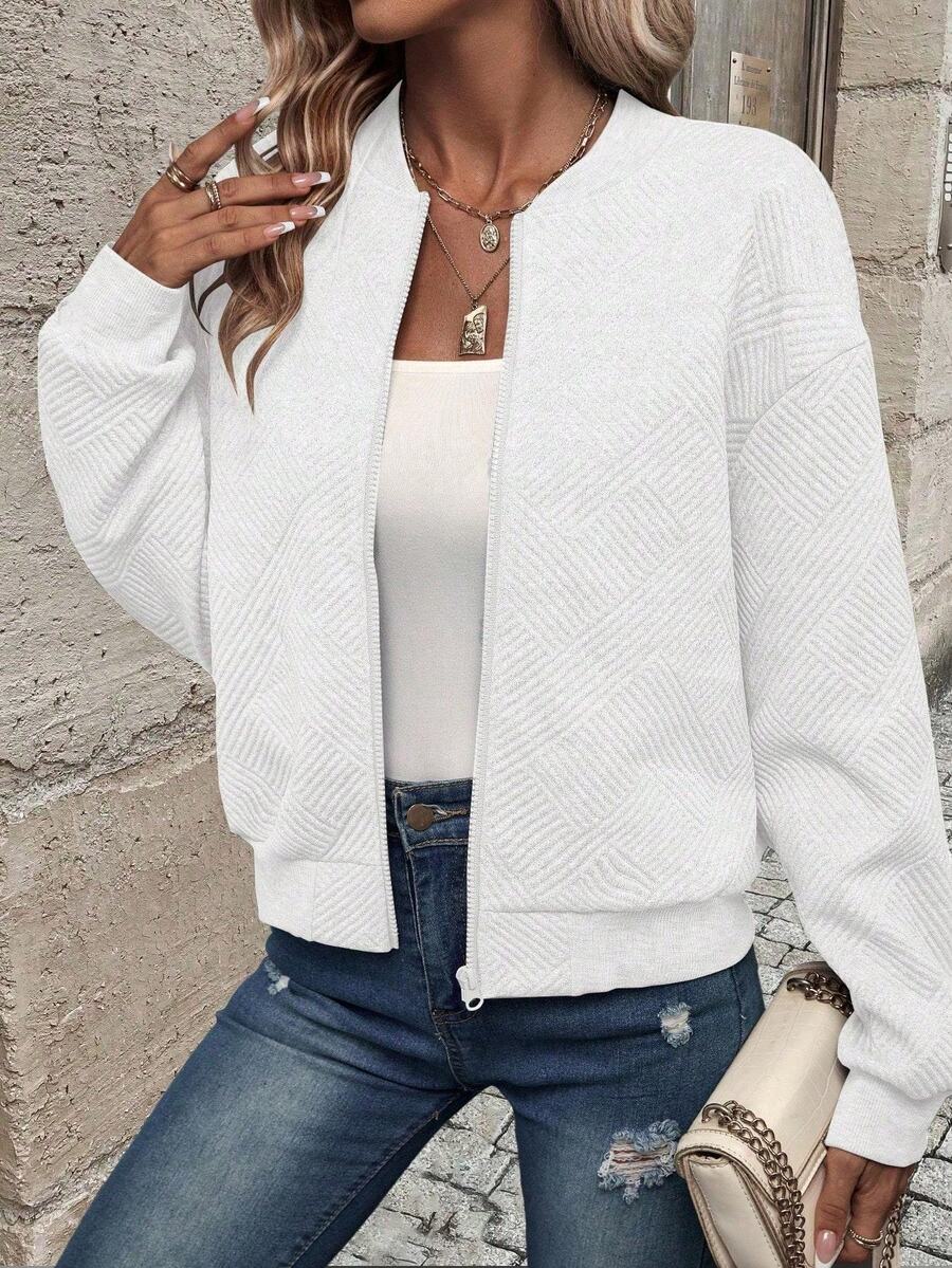 EMERY ROSE Chaqueta de manga larga de unicolor con cremallera, casual y versátil para uso diario y viajes para mujer - Blanco - Ver 1