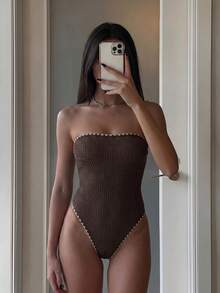 SHEIN Swim Burkini Bandeau Minimalis dengan Tepi Bergelombang untuk Wanita - MultiWarna - View 3