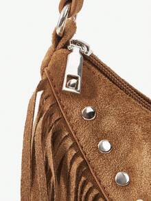 MUSERA Bolso de mano de piel sintética con tachuelas, flecos y borlas, accesorio de estilo retro, vintage y bohemio, versátil y adecuado para salir, diario, primavera y festivales de música - Marrón - Ver 6