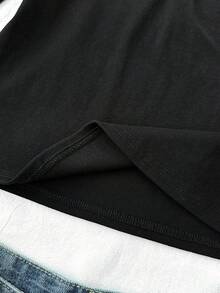 SHEIN 青少年女孩紧身款时尚基本款纽扣细节长袖休闲 T 恤，返校季，简约 T 恤，弹性柔软罗纹面料，黑色 - 黑色 - 查看 5