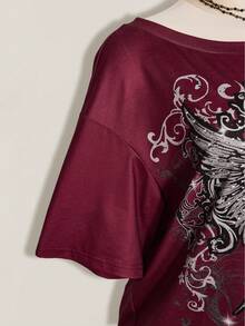 SHEIN ICON Women's Plus Size Cross Gothic Pattern T-Shirt - Burgundy - View 6