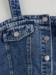 SHEIN 女童牛仔套裝，夏季新品，街頭風，復古深藍牛仔色，鈕扣式細肩帶上衣配假側口袋，搭配深藍牛仔 A 字迷你裙，面料柔軟舒適，適合日常穿著、派對與聚會，夏季新品女童牛仔套裝 - 深色水洗藍 - 查看 7