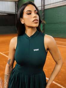 Maju Mazalli Pleated High Neck Zipper Versatile Casual Dress Sports - Green - View 5