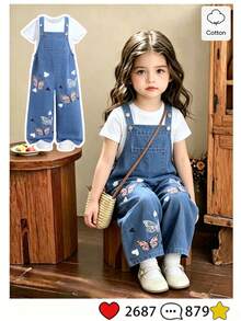 Elladie kids 少女卡通蝴蝶印花牛仔背带裤，夏季休闲时尚装 - 藍色 - 查看 10