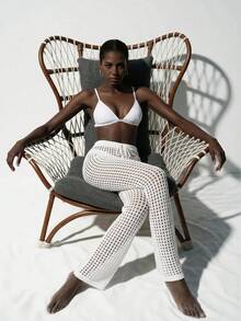 SHEIN Summer Beach Hollow Out Crochet Cover Up Pants Vacation White - White - View 4
