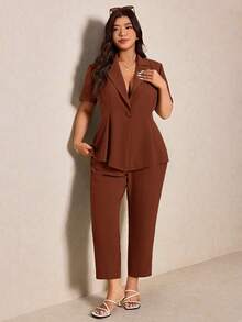 Elaquor Conjunto de 2 piezas de chaqueta y pantalones de talla grande, elegante para ir al trabajo, de unicolor con cintura ceñida - Óxido marrón - Ver 7