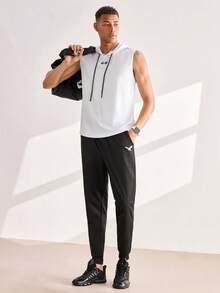 Driftmere Men's Barbell Print Drawstring Waist Hooded Sports Tank Top, Gym Workout Running - White - View 3