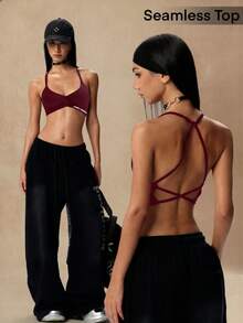 Glamine Letter Print Backless Fashion Camisole & Tank Top, Summer Sportswear - Burgundy - View 1
