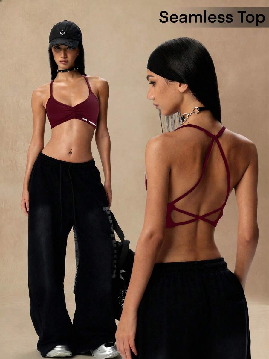Glamine Letter Print Backless Fashion Camisole & Tank Top, Summer Sportswear - Burgundy - View 1