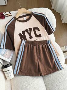 SHEIN Set Kaos Anak Perempuan Remaja, Gaya Sporty, Set Kaos Lengan Pendek dan Celana Pendek Warna Pink dan Hijau Tua, Desain Longgar dan Pas untuk Musim Panas, Kain Ringan, Cocok untuk Pemakaian Sehari-hari, Olahraga Kasual atau Pakaian Sehari-hari - MultiWarna - View 5