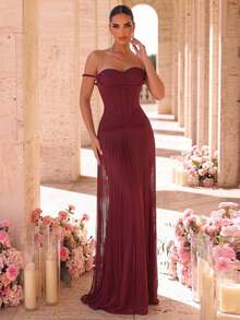 Glamrae Elegant Burgundy High-Stretch Mesh Cold Shoulder Rope Trim Asymmetric 2 In 1 Tassel Detail Bodycon Dress Formal Party Prom Women's Winter Wedding - Burgundy - View 5
