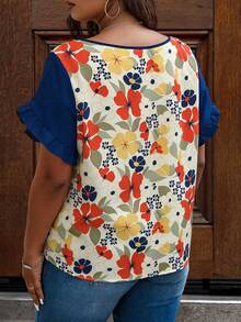 EMERY ROSE Camisa casual de vacaciones para mujer talla grande con estampado de colores contrastantes y mangas de pétalos para primavera/verano - Azul - Ver 2