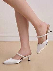 Eladyva Women's Pearl Strap Decor, Pointed Toe, Spool Heel, Elegant, PU Leather, White, Mules, Wedding Summer Shoes - White - View 4