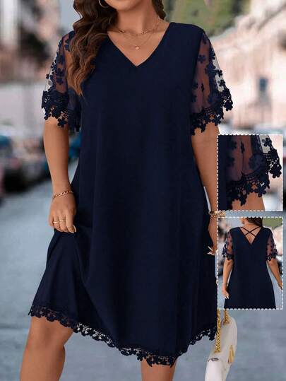Breezaya Plus Size Women's V-Neck Mesh Patchwork Casual Summer Dress