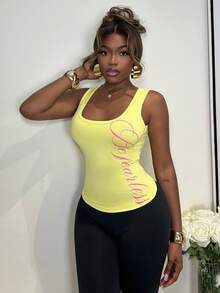 Mariisbox Women's Black Versatile Commuter U-Neck Silver English Letter Print Streetwear Slim Fit Camisole Tank Top, Suitable For Spring/Summer Casual Yellow - Yellow - View 3