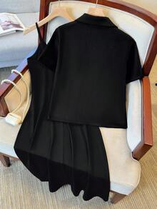 GlowEve Women's Solid Color Short Sleeve Lapel Neck Single-Breasted Blazer And Camisole Dress Elegant Suit Set - Black - View 2