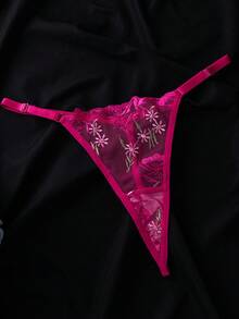 SHEIN 女款性感蕾絲拼接 3D 蝴蝶結裝飾細肩帶睡裙與三角內褲 2 件組 - 玫紅色 - 查看 4