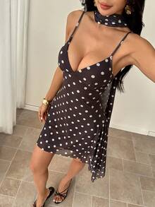 SHEIN PETITE 女款性感波點印花細肩帶迷你洋裝，夏季 - 棕色 - 查看 4